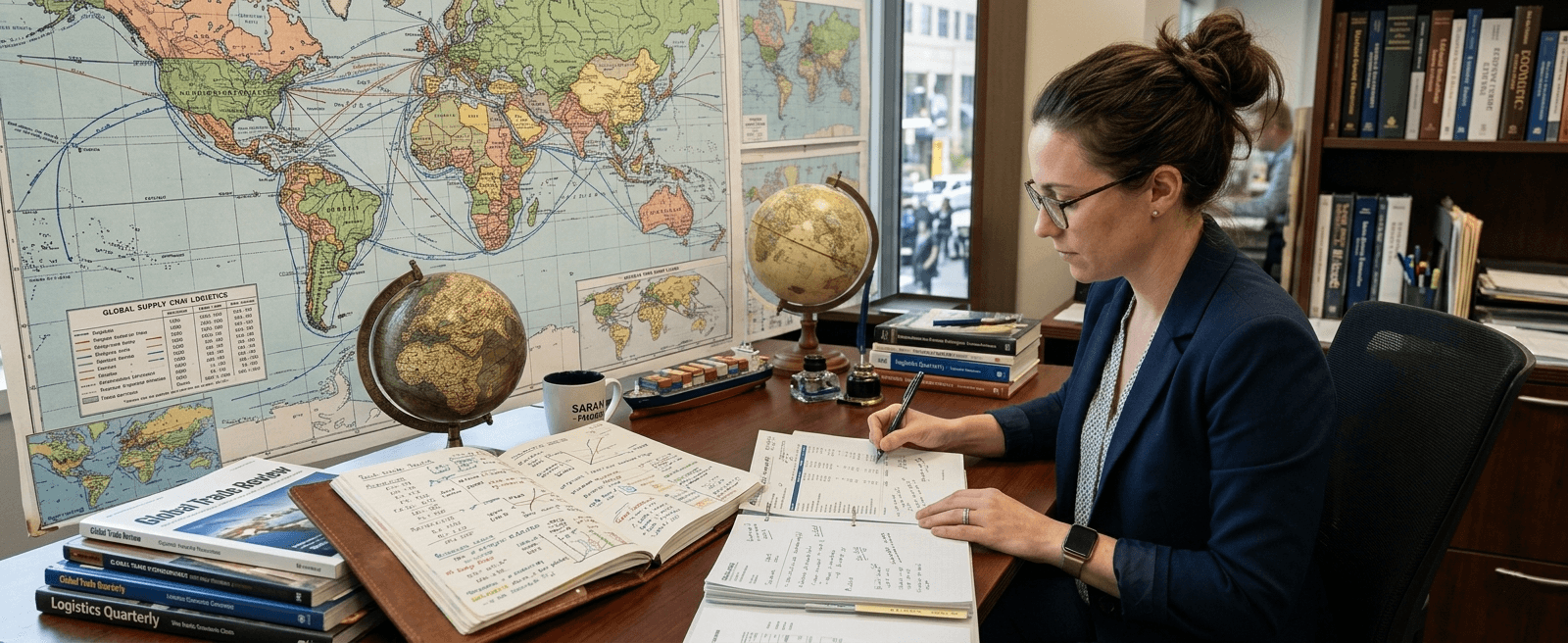 Insurance finance professional reviewing premium accounts receivable statements on a dual-monitor workstation with financial documents on the desk.