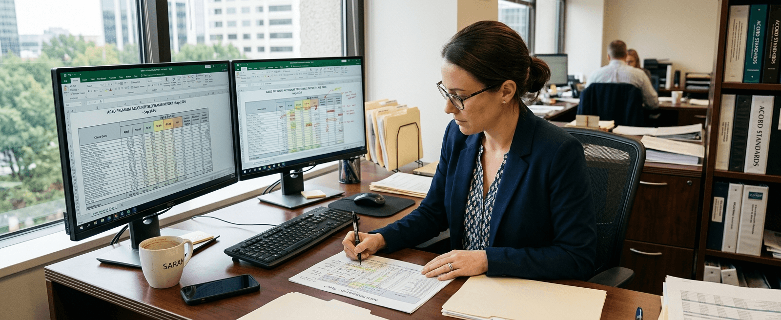 Insurance finance professional reviewing an aged premium accounts receivable report on a dual-monitor workstation.