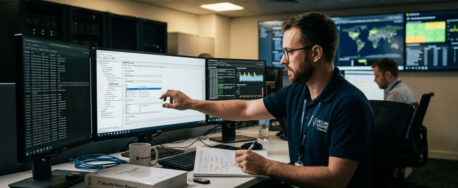 Insurance IT security professional reviewing access control configuration on a workstation in a secure technology operations environment.