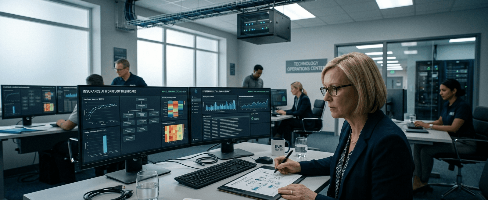 Insurance technology professional reviewing AI workflow dashboards on dual monitors in a modern technology operations environment.