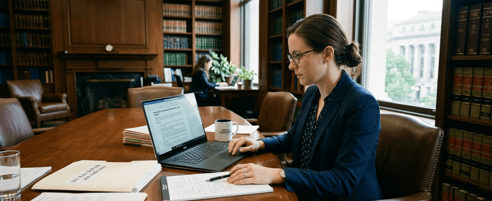 Compliance professional reviewing regulatory documentation on a laptop in a formal legal office environment with natural lighting.