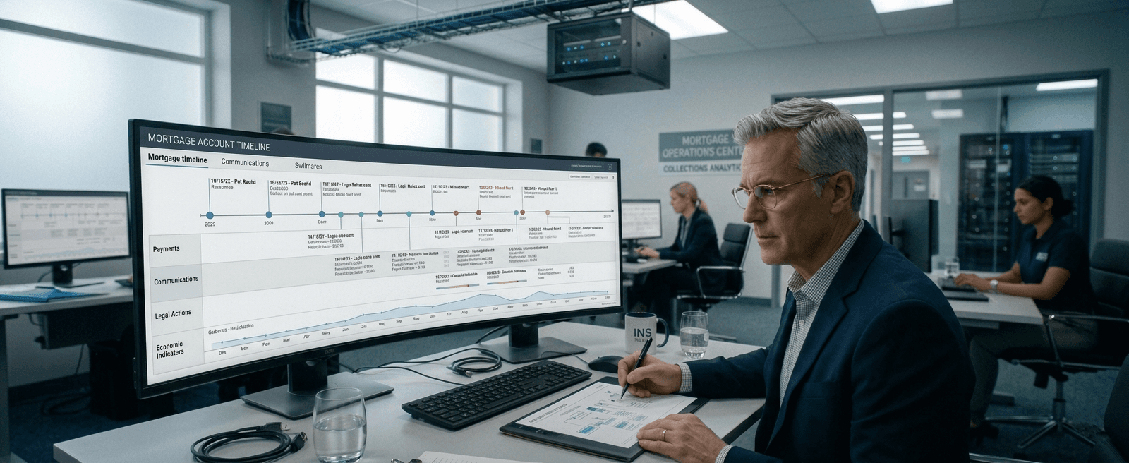 Mortgage collections analyst reviewing an account timeline visualisation on a large monitor in a technology operations environment.